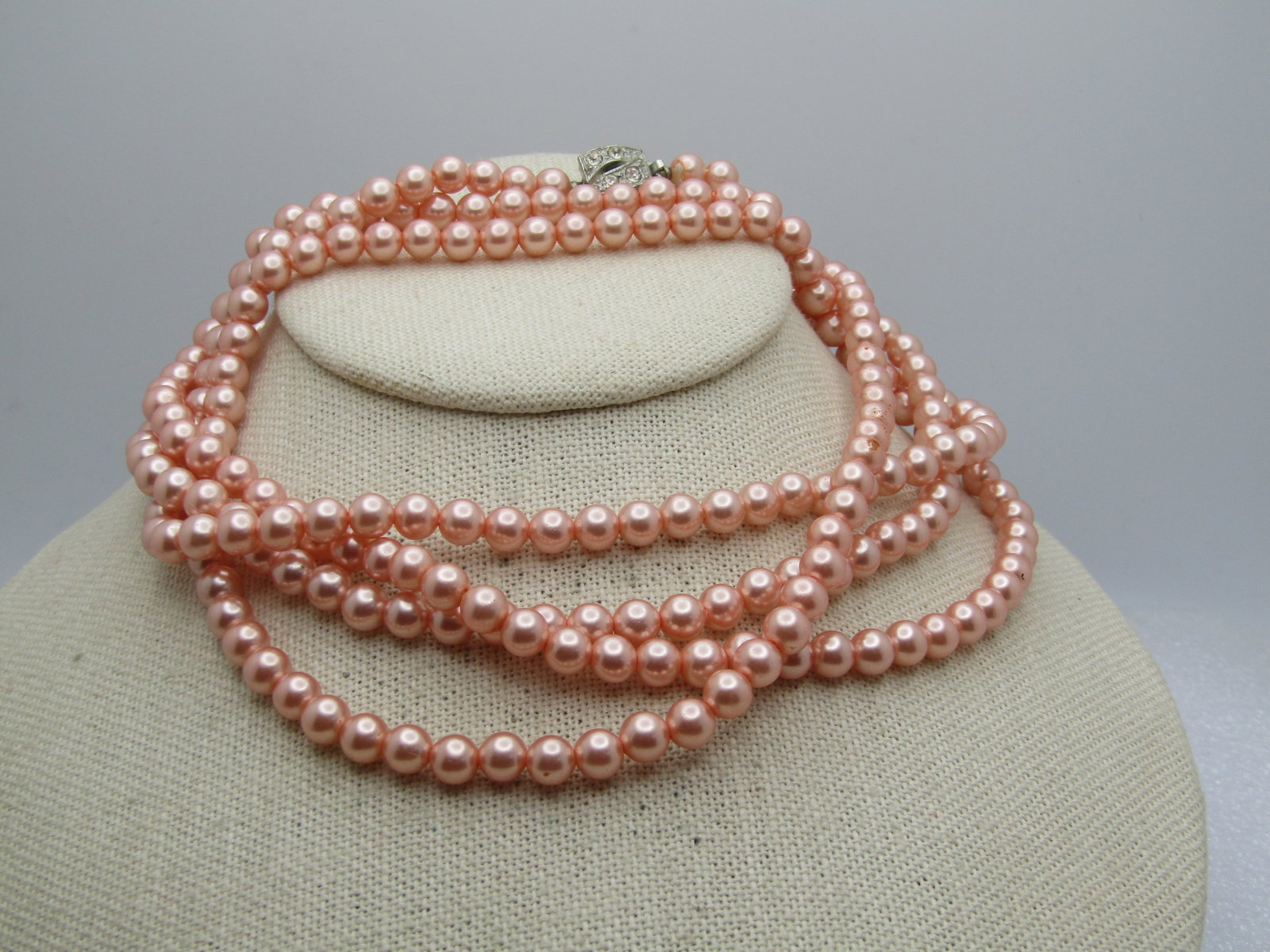 Vintage Faux Pink Pearl Necklace, 54", Rhinestone Clasp, 1960's - 2