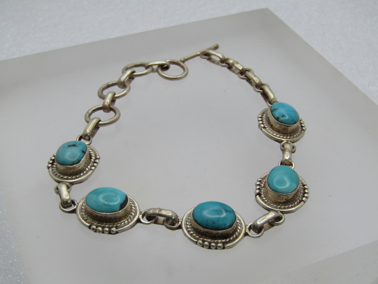 Vintage Sterling Southwestern Turquoise Bracelet, Toggle Clap, 8" - 2