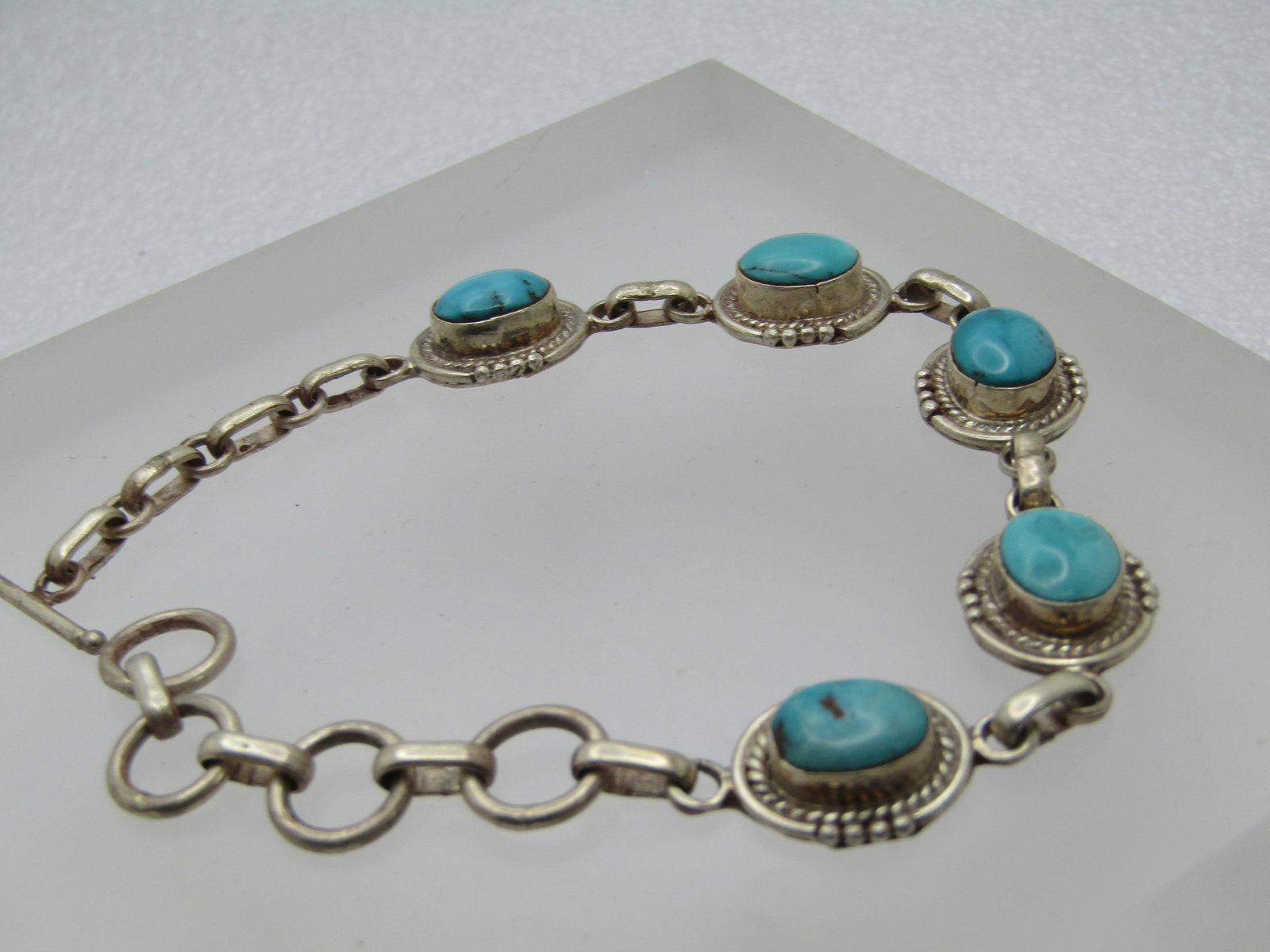 Vintage Sterling Southwestern Turquoise Bracelet, Toggle Clap, 8" - 3