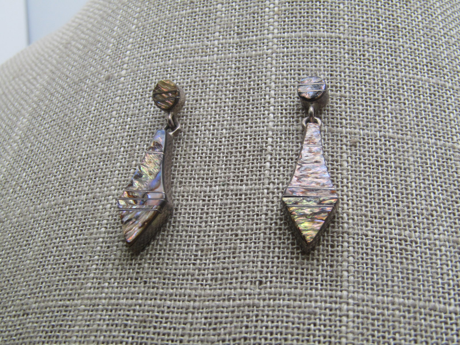 Vintage Sterling Southwestern Inlaid Abalone Drop Earrings, 1-3/8", 1980's-1990's: Vintage Sterling Abalone Drop Earrings, Southwestern Vibe, 1-3/8", 1980's-1990's, possibly slightly earlier. They have a 5mm round stud that has sterling dividers through the inlaid abalone. The drop