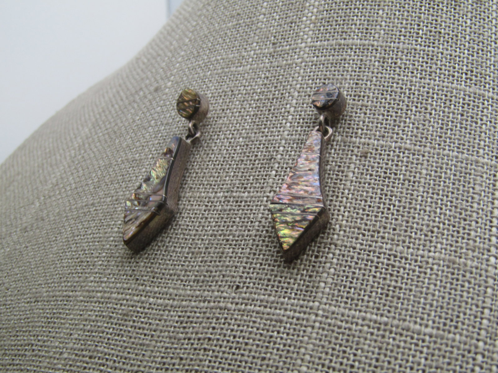Vintage Sterling Southwestern Inlaid Abalone Drop Earrings, 1-3/8", 1980's-1990's - 2