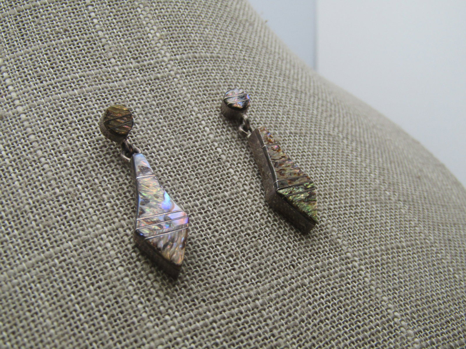 Vintage Sterling Southwestern Inlaid Abalone Drop Earrings, 1-3/8", 1980's-1990's - 3