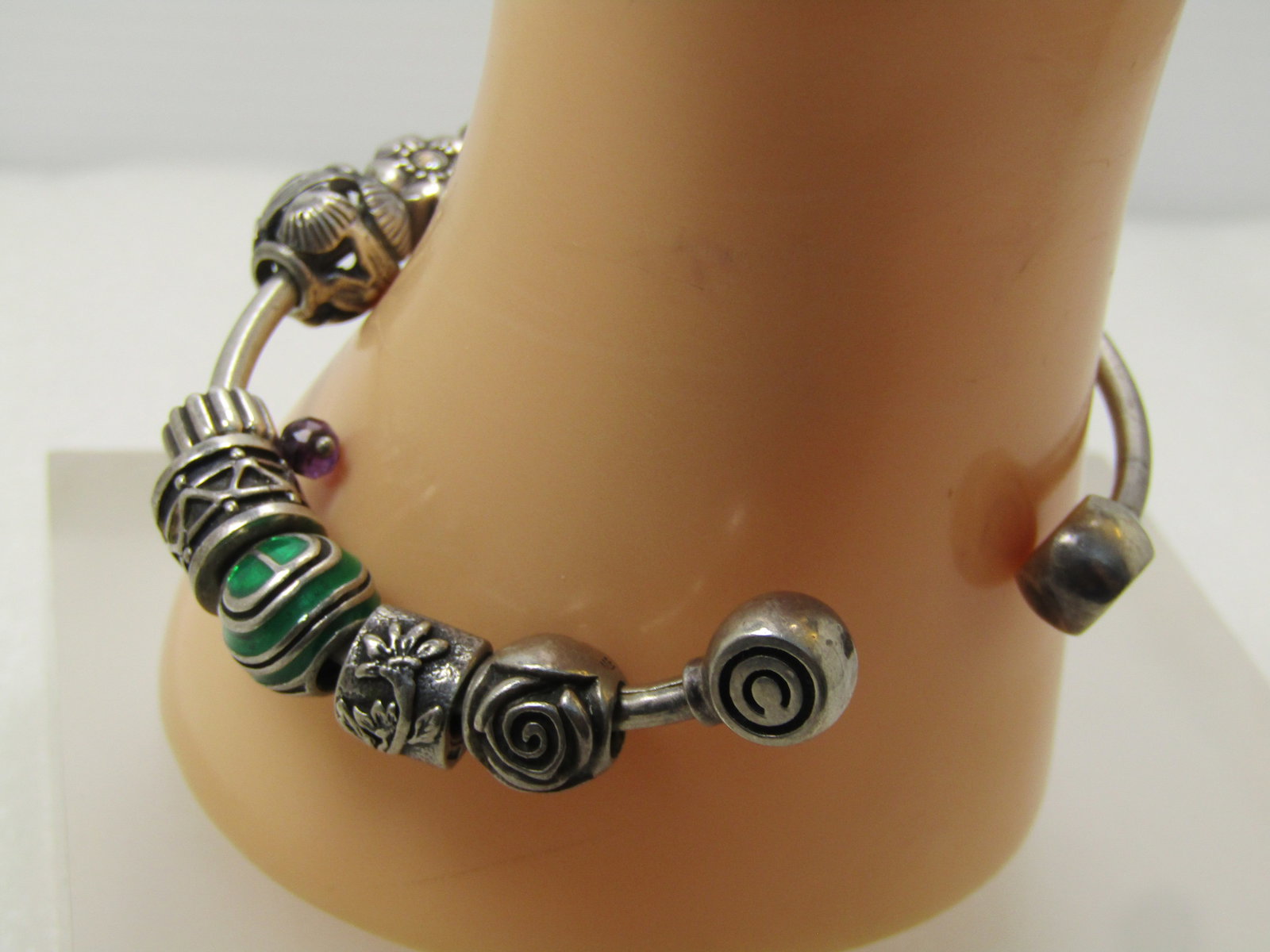 Vintage Sterling Cham Signed Slide Cuff Bracelet, Pandora, Cham, LLA Charms, 7", 1990's - 3