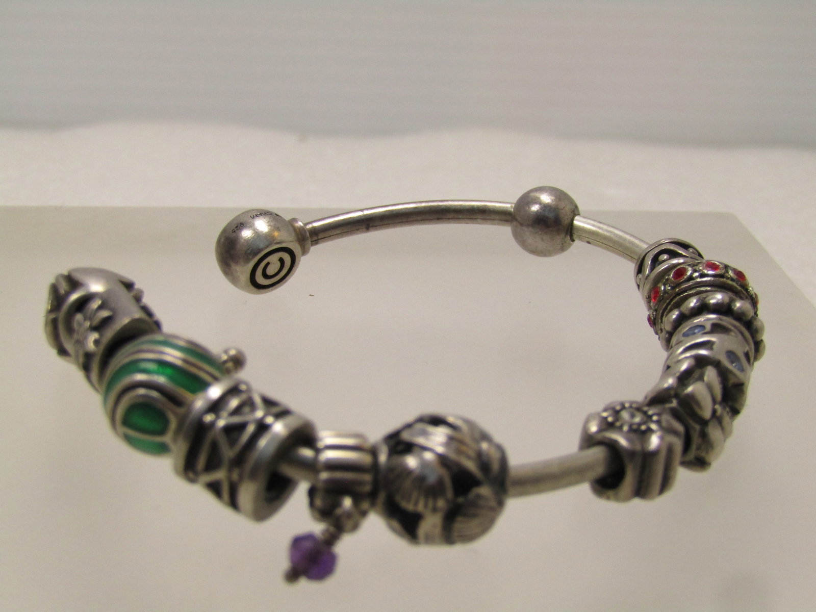 Vintage Sterling Cham Signed Slide Cuff Bracelet, Pandora, Cham, LLA Charms, 7", 1990's - 6