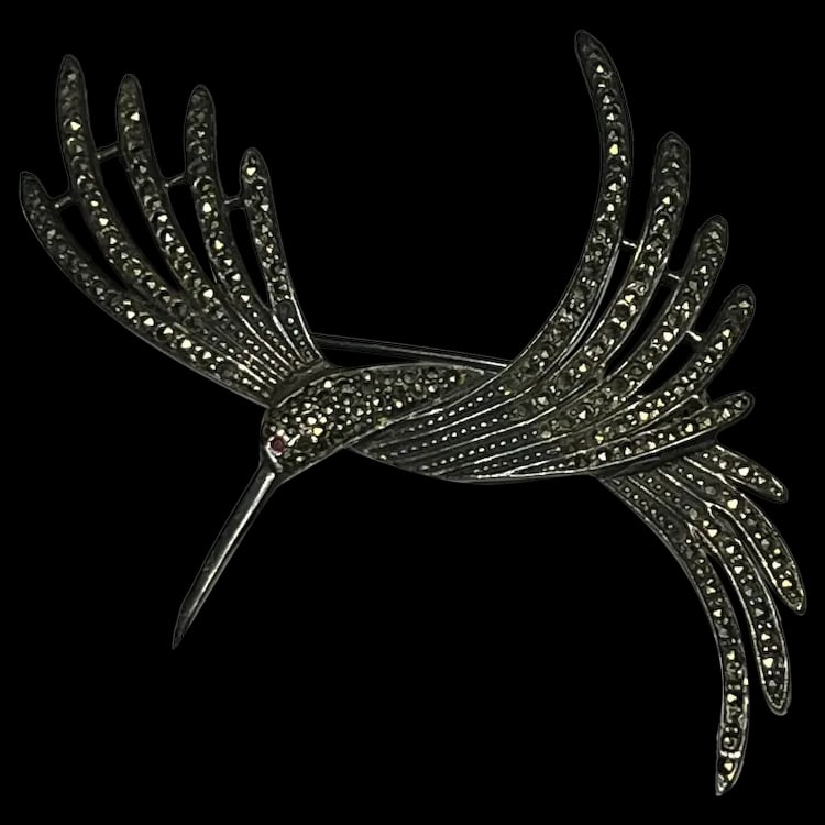Vintage Sterling Silver Hummingbird Pin with Ruby Eye and Marcasite Pave (1 of 6)