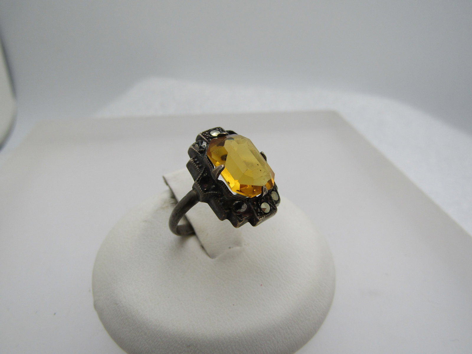 Vintage Sterling Marcasite and Yellow Stone Ring, Sz. 4.5, 1920's-1930's - 2