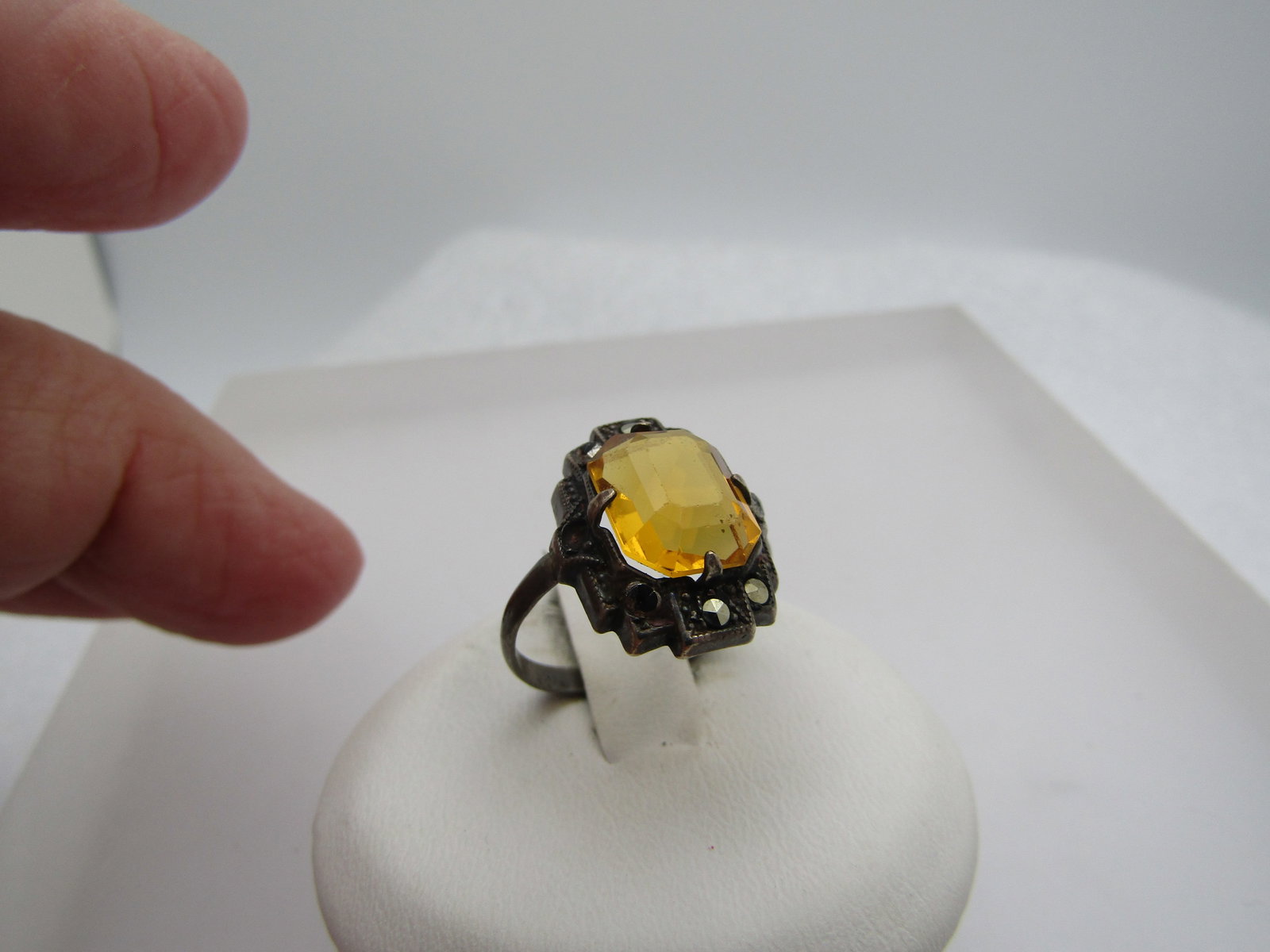Vintage Sterling Marcasite and Yellow Stone Ring, Sz. 4.5, 1920's-1930's - 3