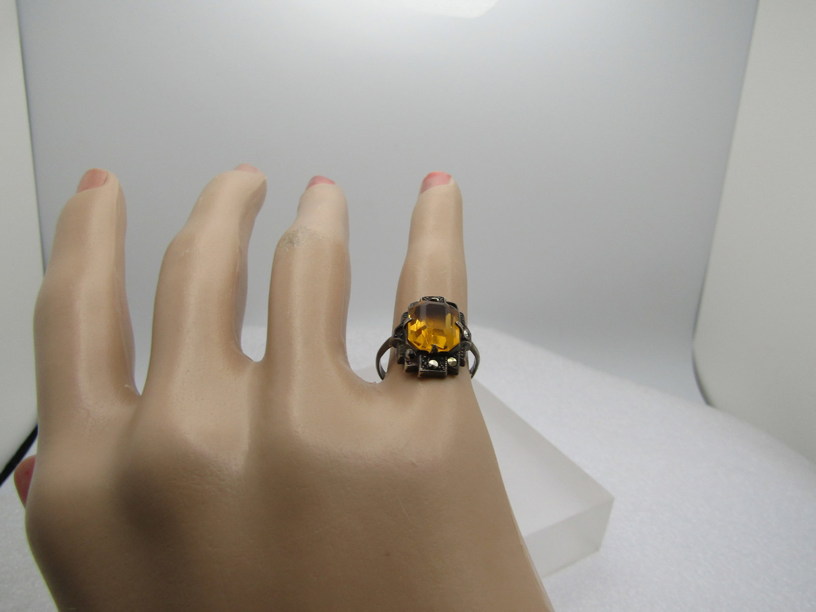 Vintage Sterling Marcasite and Yellow Stone Ring, Sz. 4.5, 1920's-1930's - 5