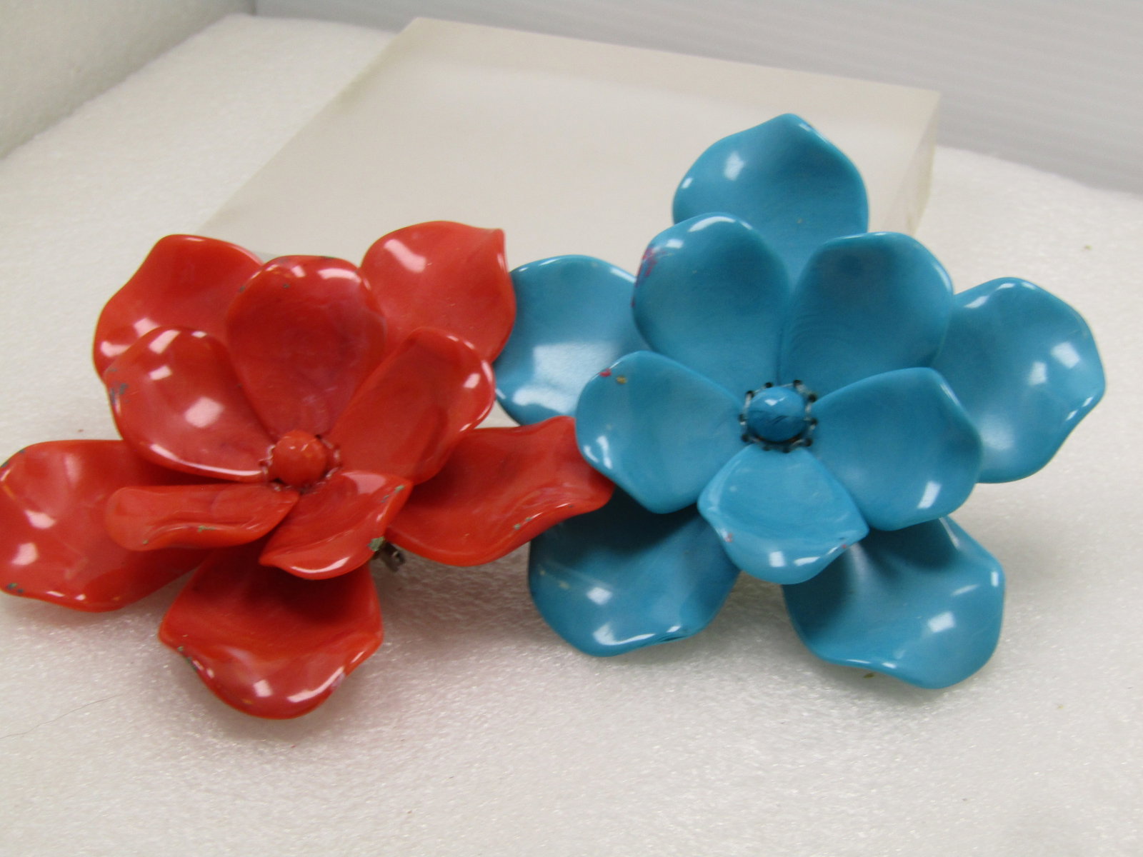 Vintage Two Huge Blossom Brooch, Blue/Coral, 1960's-1970's, 3.5" - 3