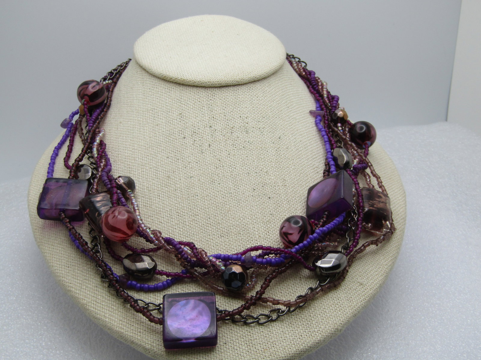 Vintage 9 Strand Purple Beaded Necklace, Glass 18"-21" - 2
