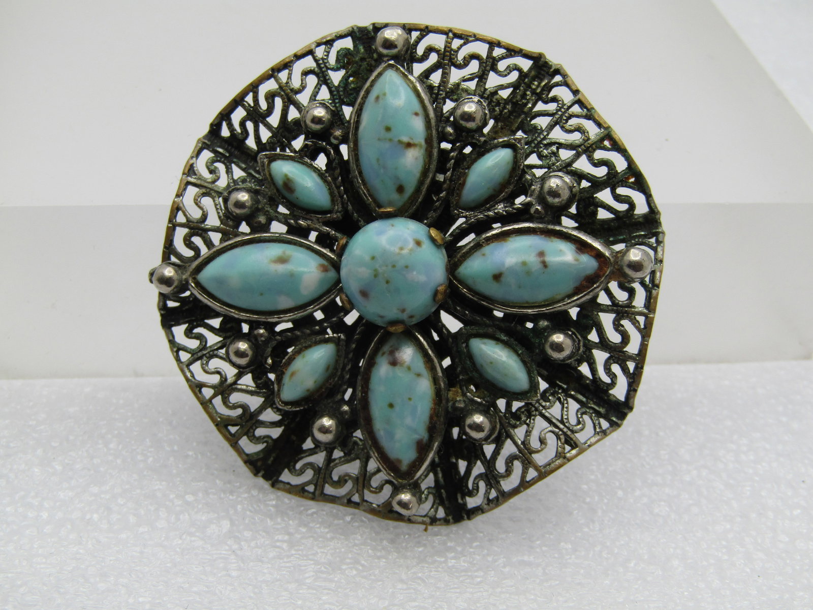 Vintage Filigree Turquoise Glass Brooch, 1960's-1970's. 2" - 2