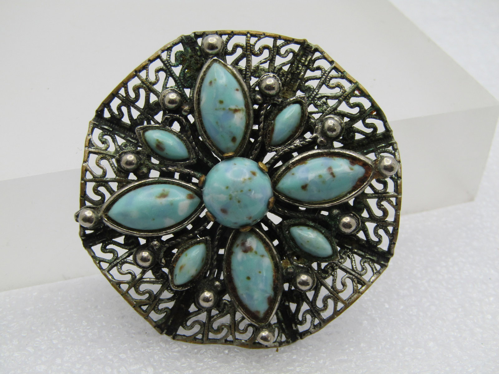 Vintage Filigree Turquoise Glass Brooch, 1960's-1970's. 2" - 3
