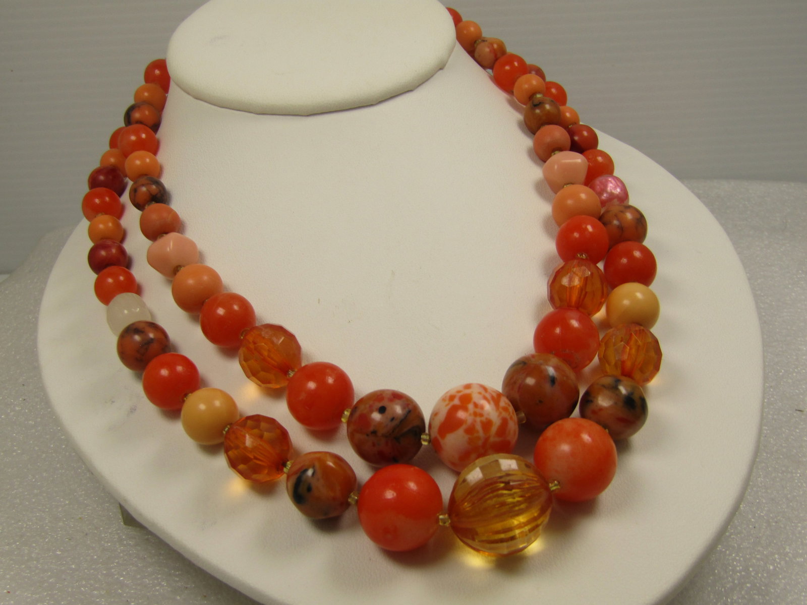 Vintage Double Strand Orange Beaded Necklace, Japan, 16"-17" 1940's-1960's - 3