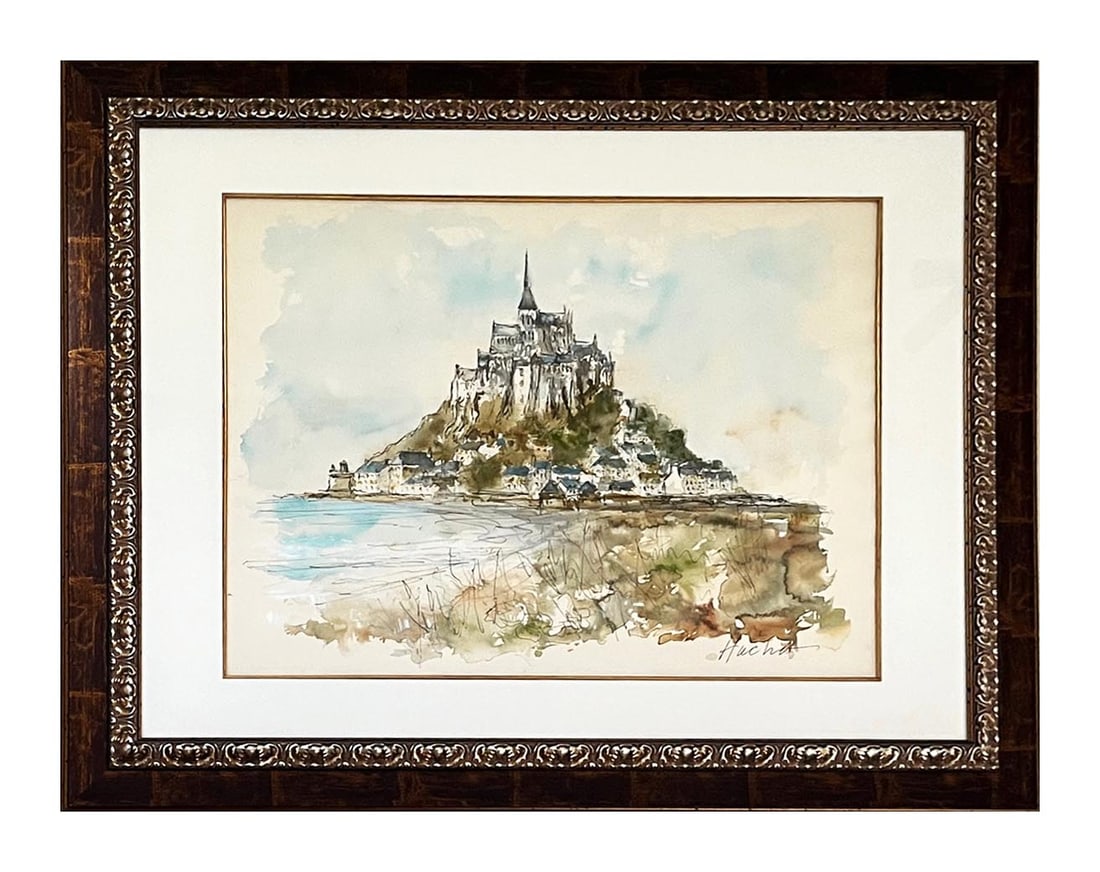 Urbain Huchet Mont Saint Michel Original Watercolor Painting Framed: Title: Urbain Huchet Mont Saint Michel Original Watercolor Painting Framed Description: Artist: Urbain Huchet Country: France Title: Mont Saint Michel Medium: Original Watercolor Painting on