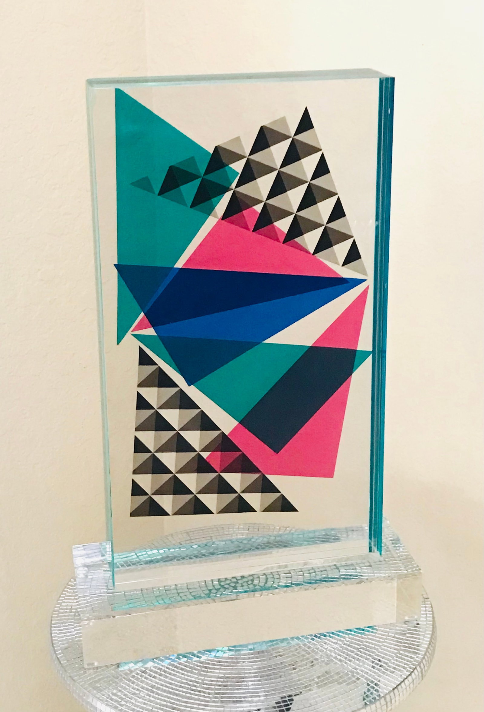 Lucite Acrylic sculpture Pico by Grace Absi: Title: Lucite Acrylic sculpture Pico by Grace Absi Description: A sculpture of a Lucite block handcrafted in the interiors with a geometric motif, laminated together on a clear, thick base, and hand-s