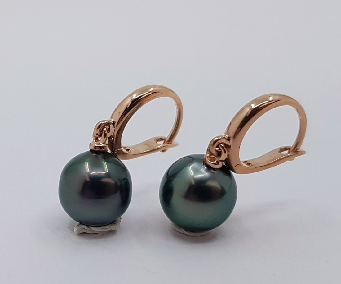 14 kt. Pink gold - Earrings - 9mm Peacock Tahitian Pearl Drops - 2