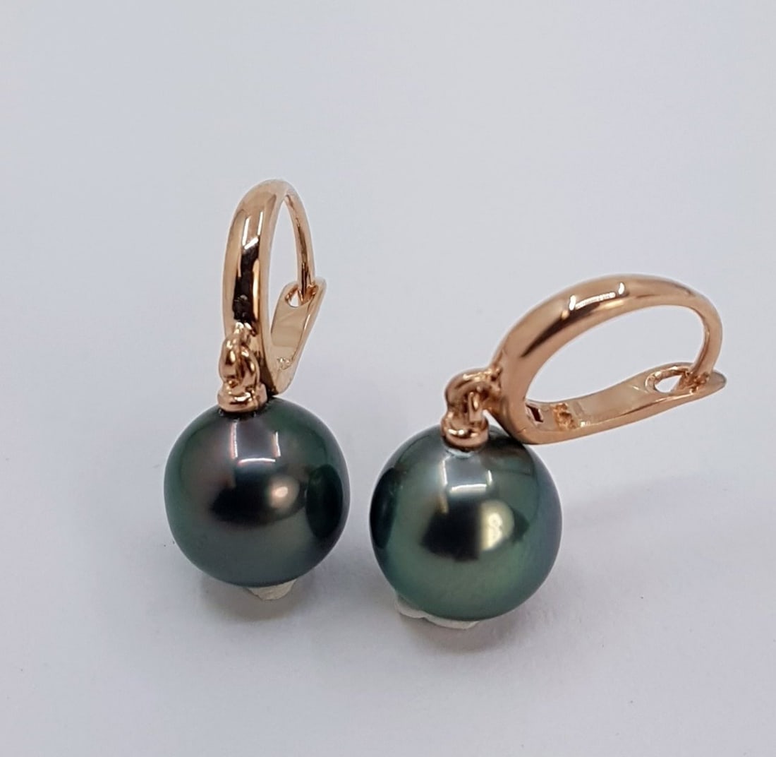 14 kt. Pink gold - Earrings - 9mm Peacock Tahitian Pearl Drops - 3