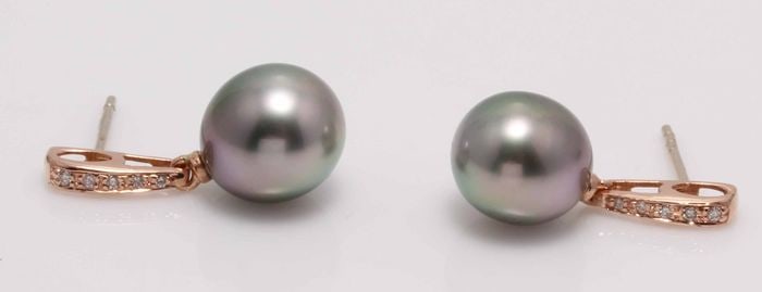 14 kt. Rose Gold - 9x10mm Peacock Tahitian Pearl Drops - Earrings - 0.08 ct - 3
