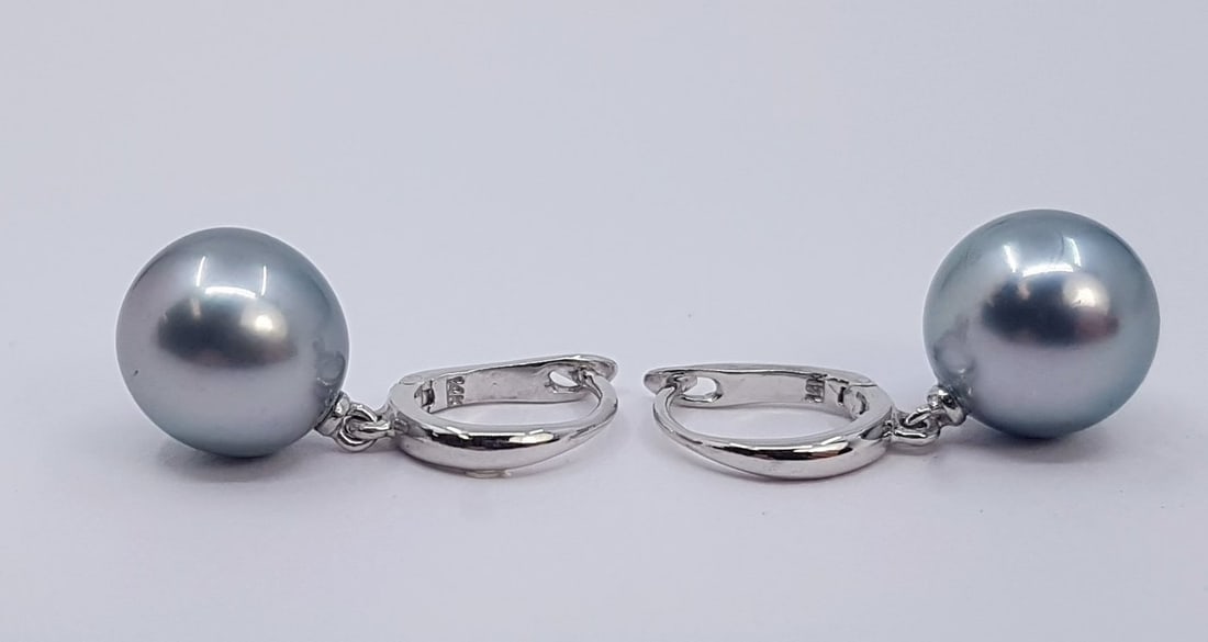 10x11mm Silvery Tahitian Pearl Drops - Earrings - 14 kt. White gold - 6