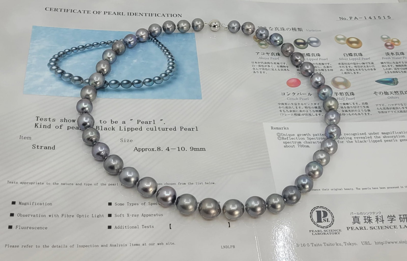 Necklace PSL Certified Tahitian Pearls - 8.4x10.9mm - 6
