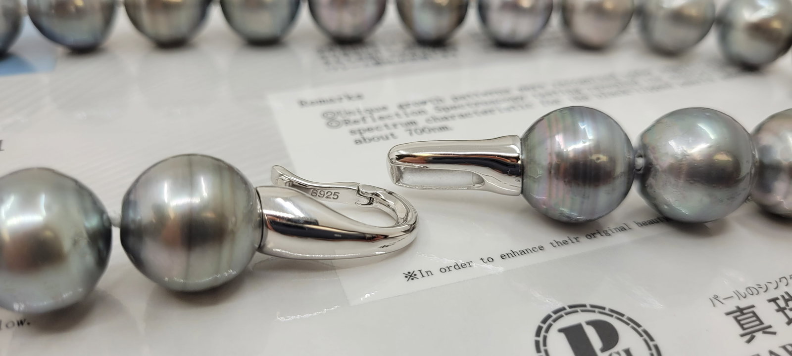 Necklace Silver, PSL Certified Dove Grey Tahitian Pearls - Huge Size - 15.0x15.9mm - 8