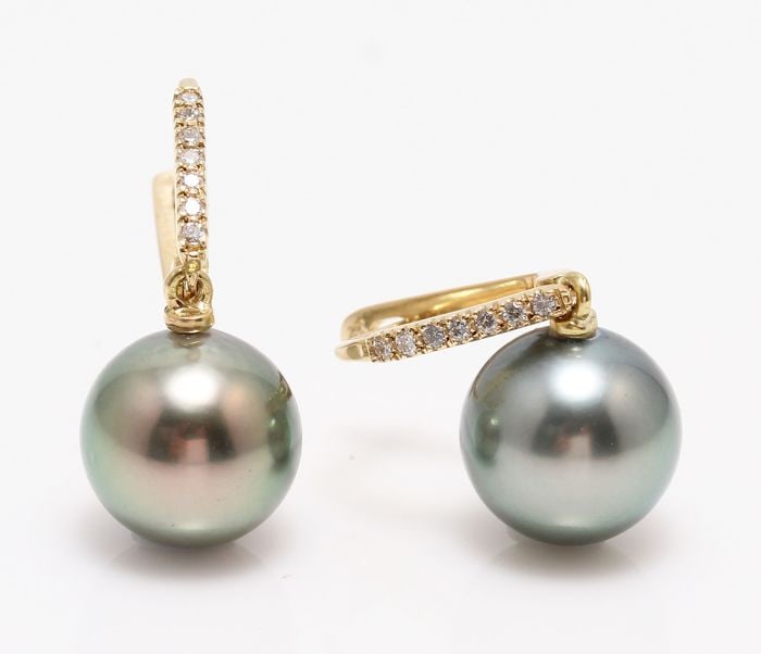 14 kt. Yellow Gold - 10x11mm Round Tahitian Pearls - Earrings - 0.11 ct - 2