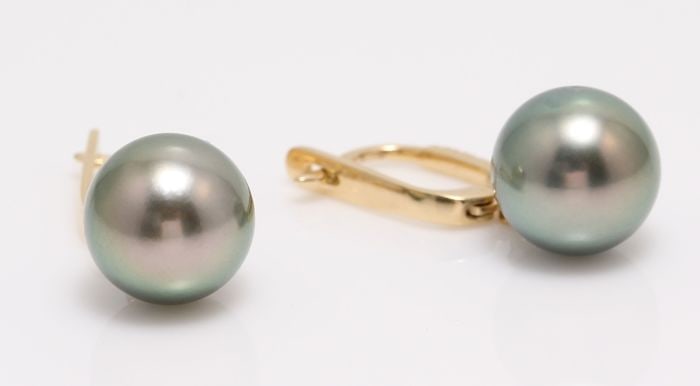 14 kt. Yellow Gold - 10x11mm Round Tahitian Pearls - Earrings - 0.11 ct - 4