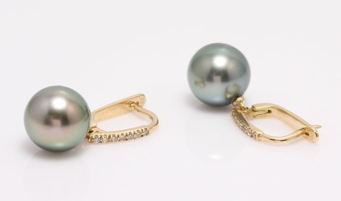 14 kt. Yellow Gold - 10x11mm Round Tahitian Pearls - Earrings - 0.11 ct - 5