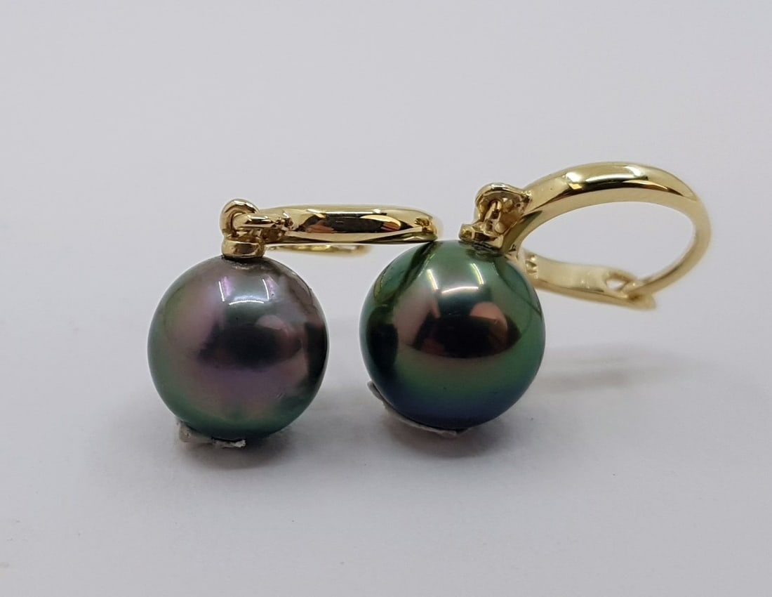 14 kt. Gold - Earrings - 9mm Peacock Tahitian Pearl Drops - 3