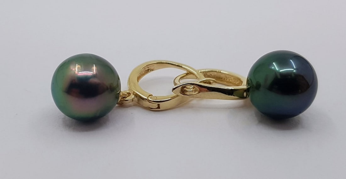14 kt. Gold - Earrings - 9mm Peacock Tahitian Pearl Drops - 4