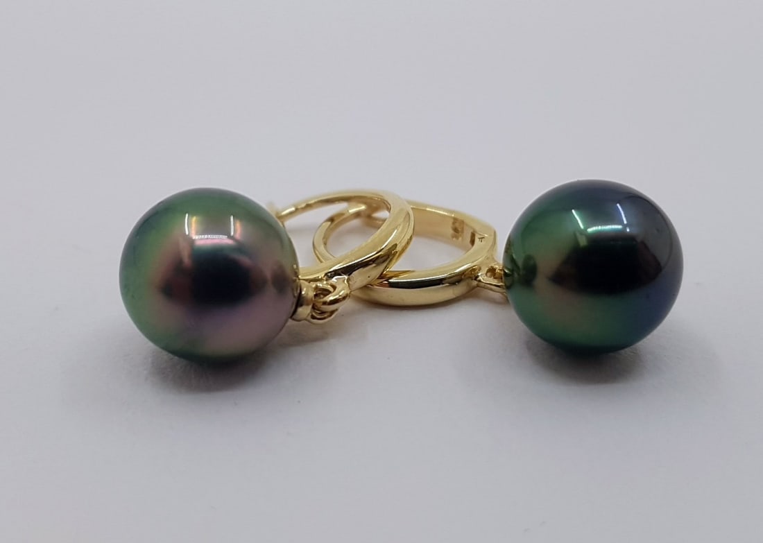 14 kt. Gold - Earrings - 9mm Peacock Tahitian Pearl Drops - 5