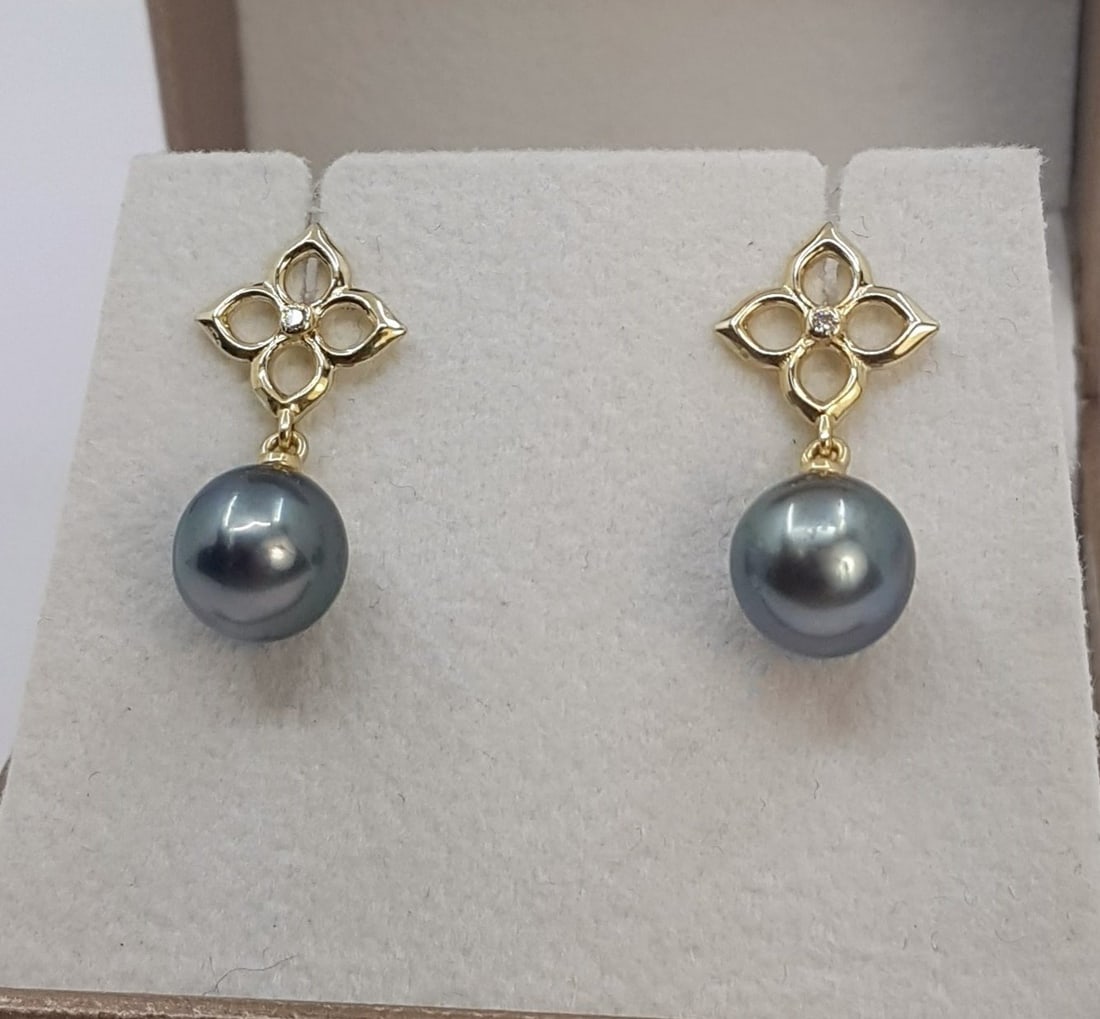 9mm Tahitian Pearl Drops - 0.02Ct - 14 kt. Gold - Earrings - 2