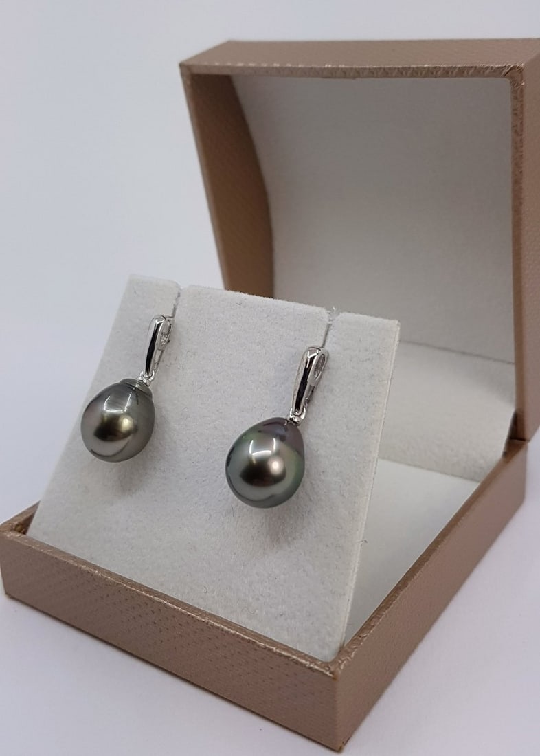 10x11mm Peacock Tahitian Pearl Drops - Earrings - 14 kt. White gold - 2