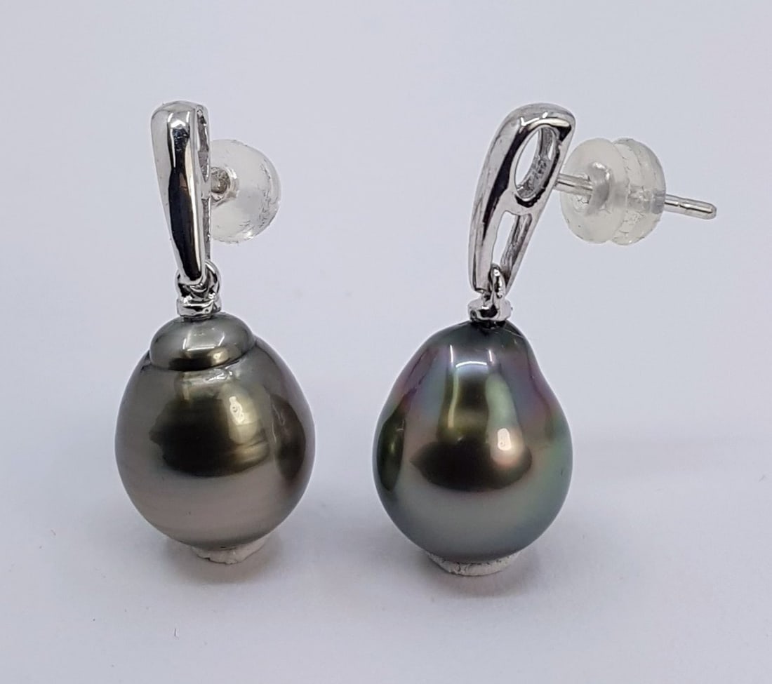 10x11mm Peacock Tahitian Pearl Drops - Earrings - 14 kt. White gold - 4