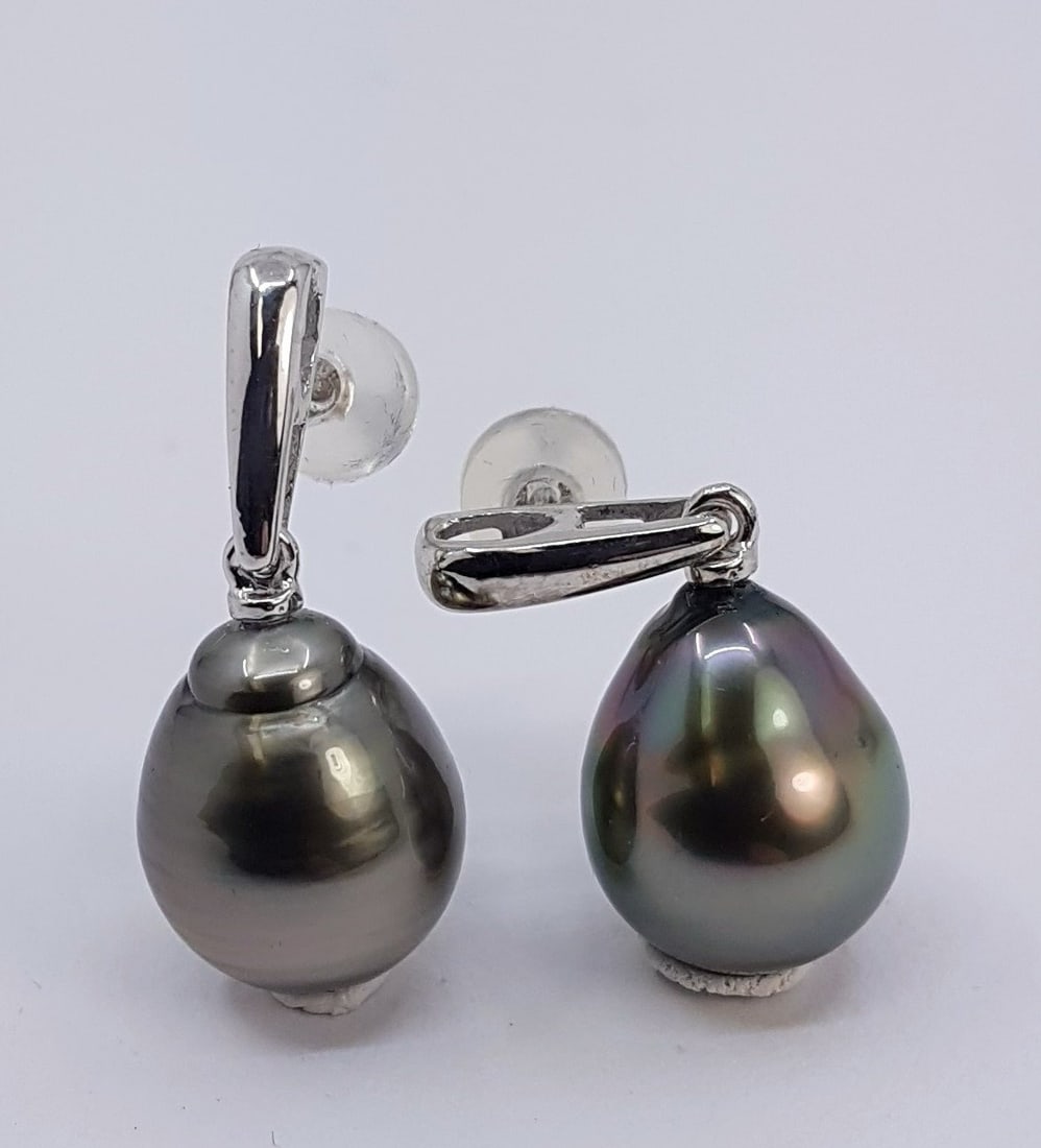 10x11mm Peacock Tahitian Pearl Drops - Earrings - 14 kt. White gold - 6