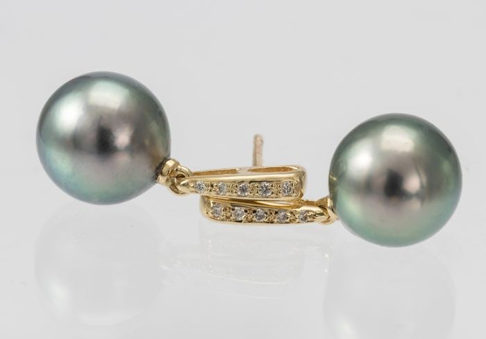 9x10mm Peacock Tahitian Pearl Drops - 14 kt. Yellow gold - Earrings - 0.08 ct - 5