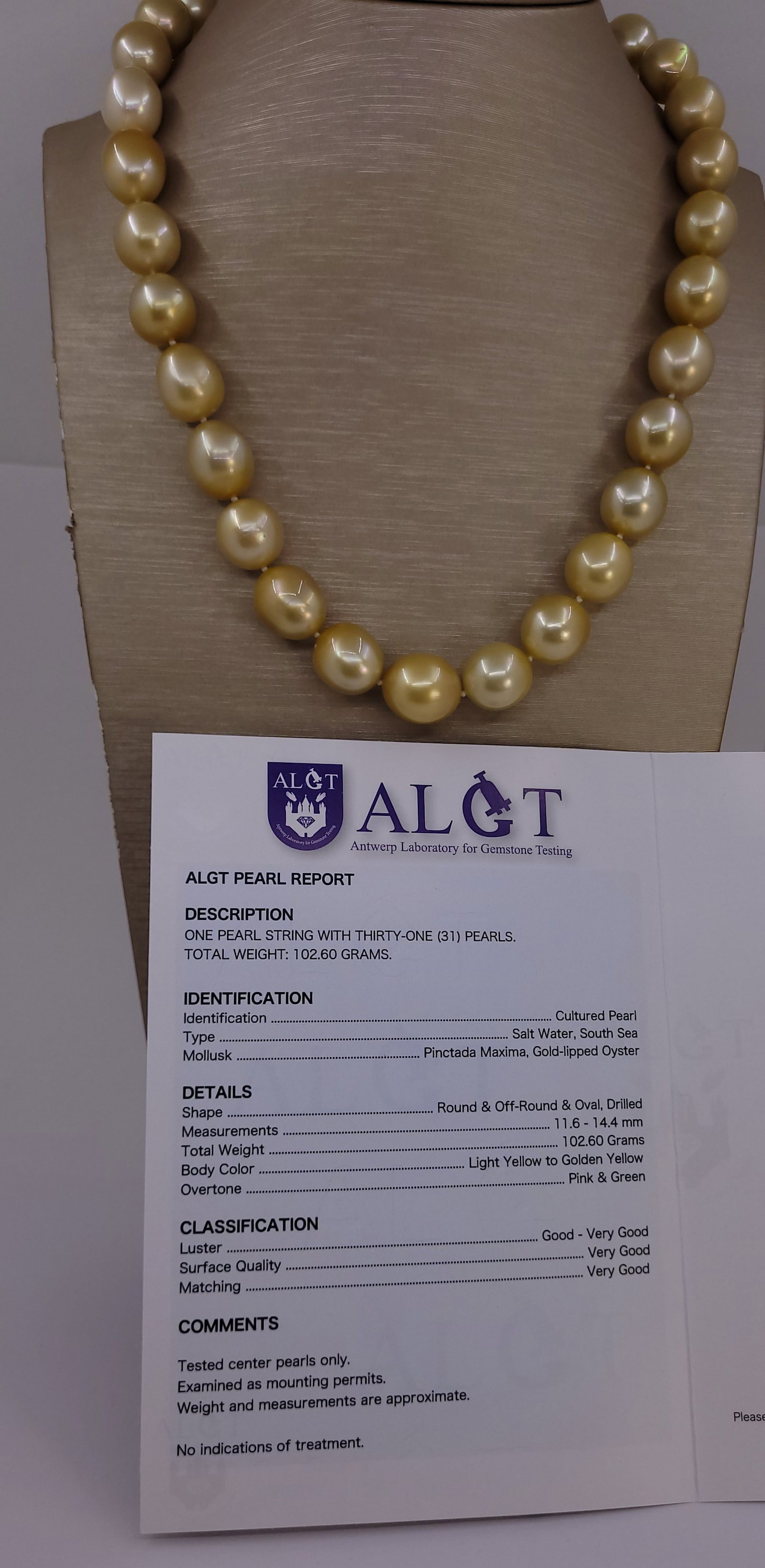 Necklace HUGE SIZE - ALGT Certified Golden South Sea Pearls - 11.6x14.4mm - 10