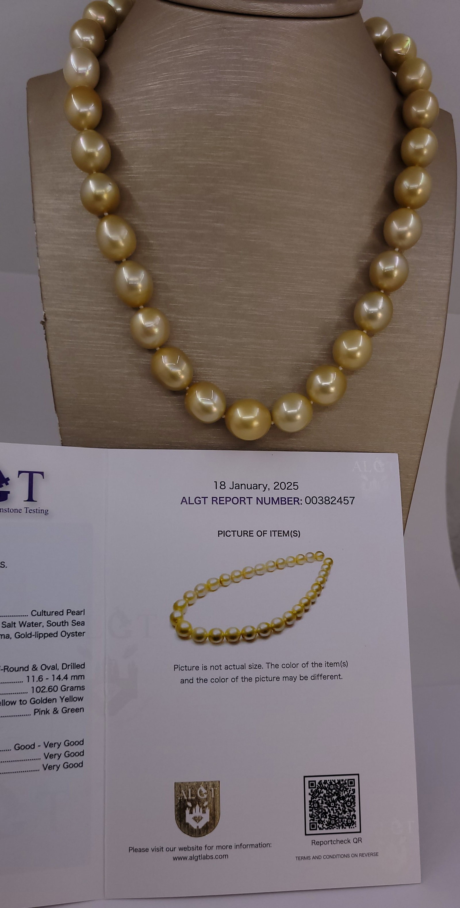 Necklace HUGE SIZE - ALGT Certified Golden South Sea Pearls - 11.6x14.4mm - 11