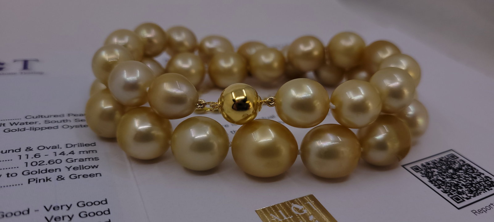 Necklace HUGE SIZE - ALGT Certified Golden South Sea Pearls - 11.6x14.4mm - 14
