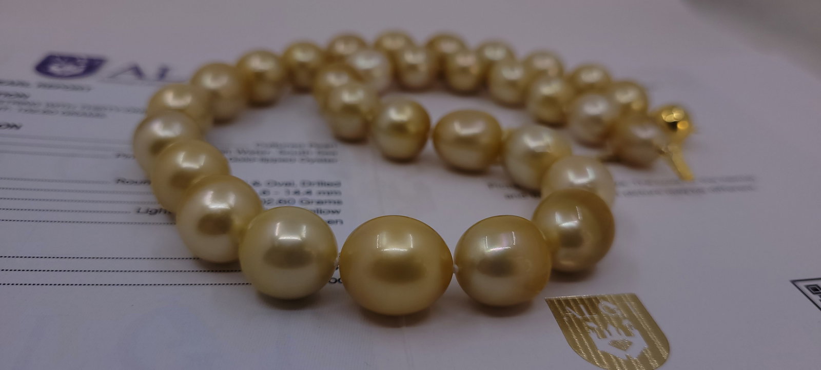 Necklace HUGE SIZE - ALGT Certified Golden South Sea Pearls - 11.6x14.4mm - 16