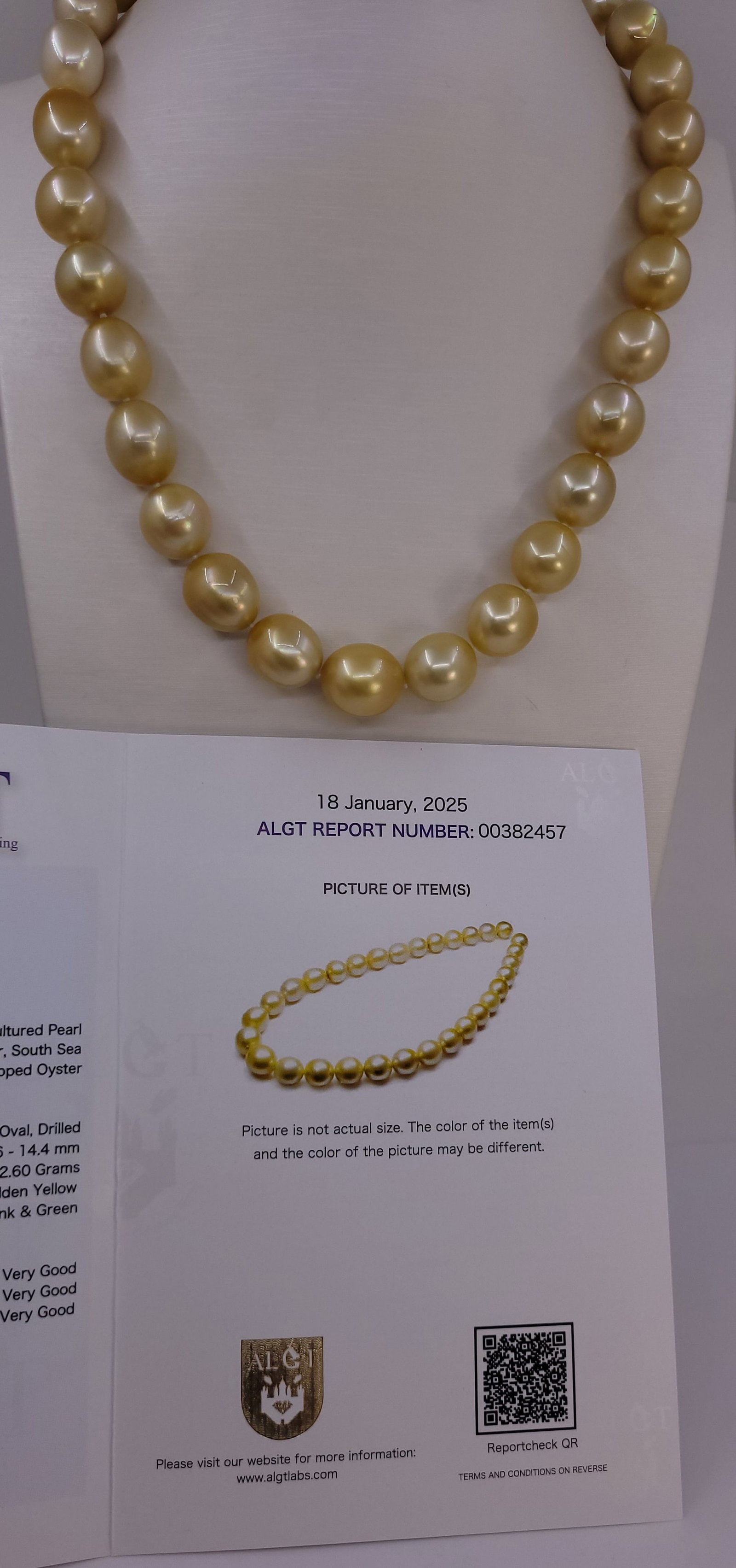 Necklace HUGE SIZE - ALGT Certified Golden South Sea Pearls - 11.6x14.4mm - 7