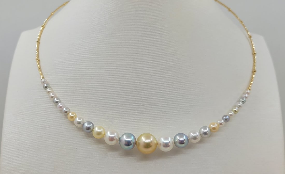 Necklace - 18 kt. Yellow gold - 3x10mm Akoya Pearls - 2