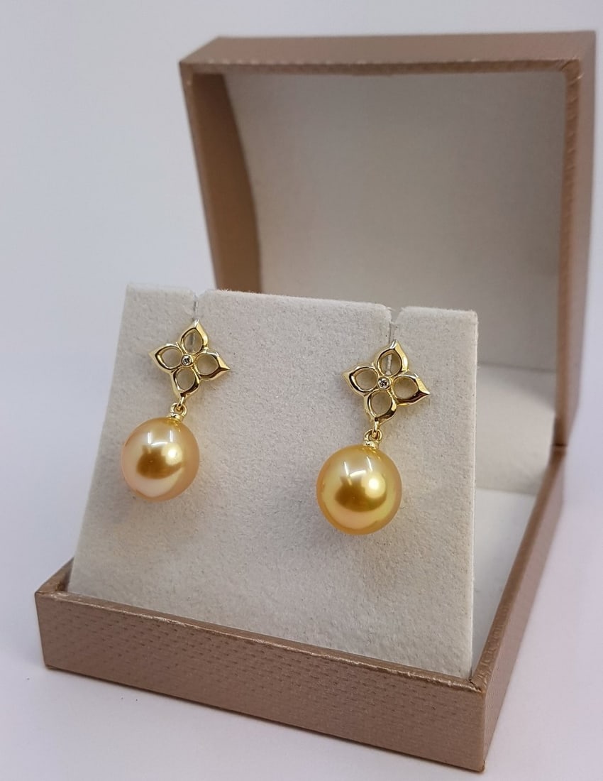 Earrings 10x11mm Golden South Sea Pearls - 14 kt. Yellow gold - 0.02 ct - 2