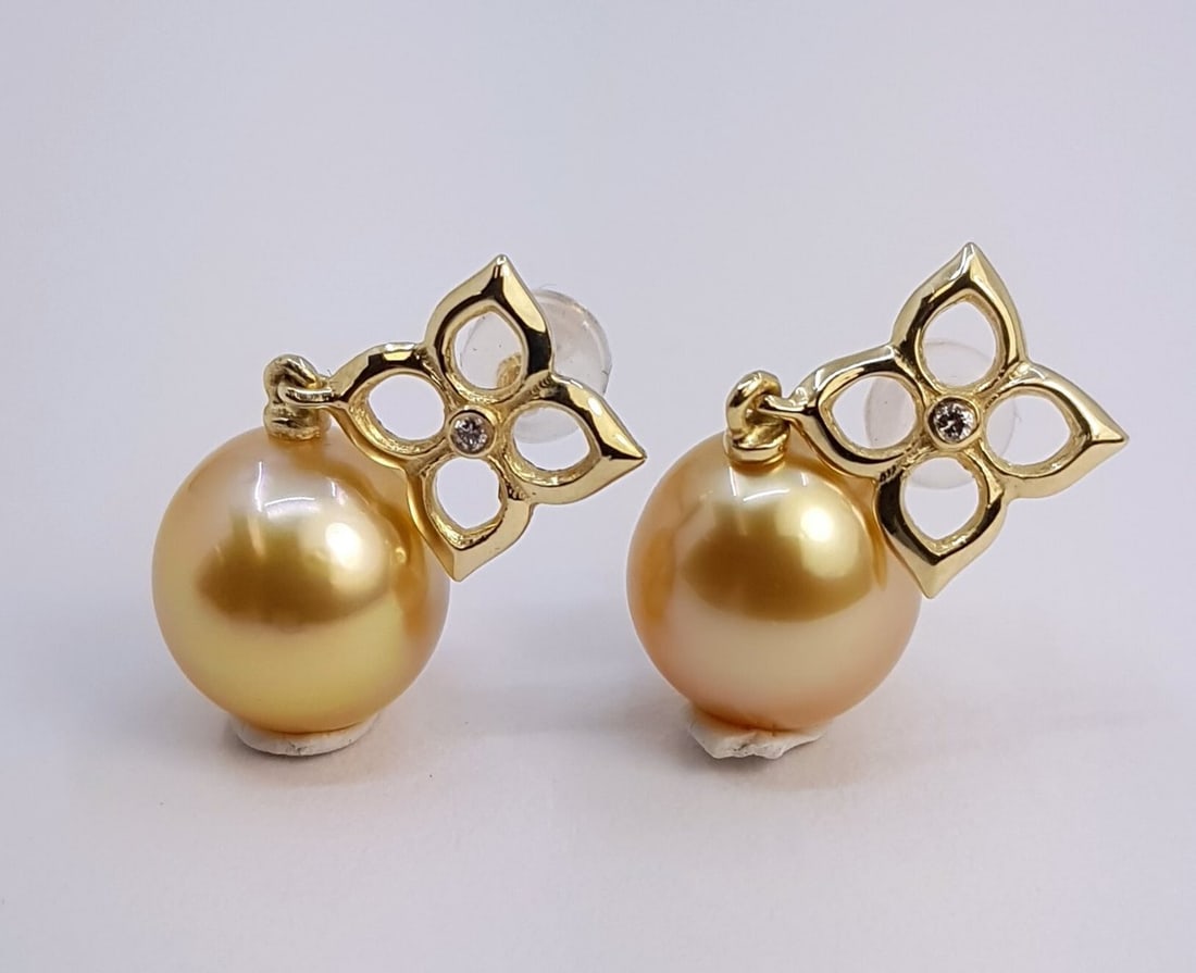 Earrings 10x11mm Golden South Sea Pearls - 14 kt. Yellow gold - 0.02 ct - 5