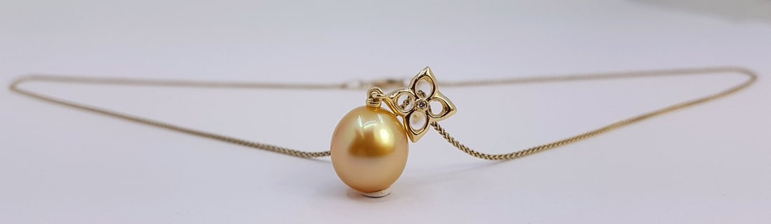 Pendant 11x12mm Deep Golden South Sea Pearl Drop - 14 kt. Yellow gold - 0.01 ct - 3