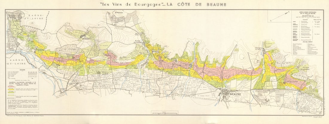BURGUNDY BOURGOGNE WINE MAP La Côte de Beaune. Vineyards vignobles. LARMAT 1953 (1 of 1)