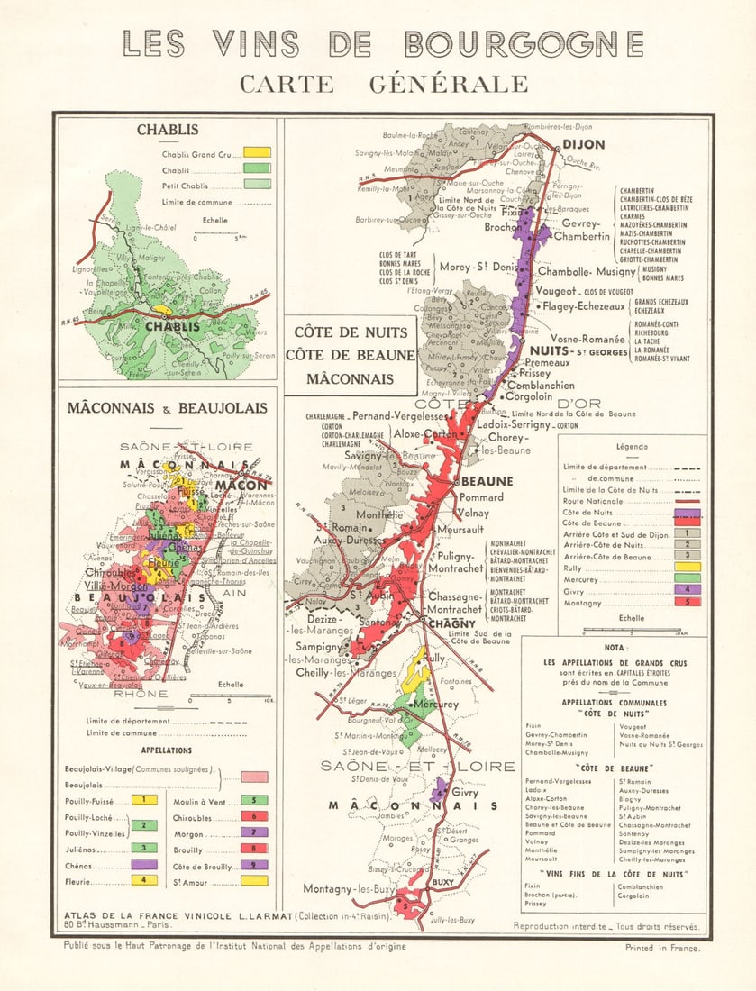 BURGUNDY BOURGOGNE WINE MAP Carte Générale. Côte de Nuits Beaune &c. LARMAT 1953: Title: BURGUNDY BOURGOGNE WINE MAP Carte Générale. Côte de Nuits Beaune &c. LARMAT 1953 Description: "Les Vins de Bourgogne" - Carte Générale'. The map shows the wine areas and appellations of th