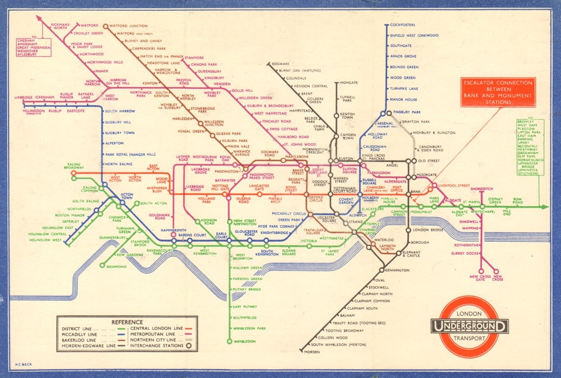 LONDON UNDERGROUND tube map plan diagram. Middle Circle. HARRY BECK #1 1936: Title: LONDON UNDERGROUND tube map plan diagram. Middle Circle. HARRY BECK #1 1936 Description: London Underground Transport - Railway Map No 1. 1936'. This edition of the diagram is unchanged from
