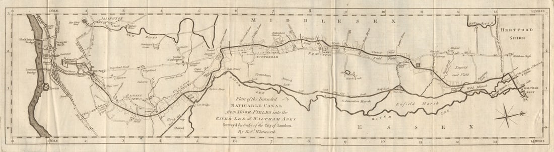 Plan of the intended navigable canal… River Lee Navigation. WHITWORTH 1774 map (1 of 1)