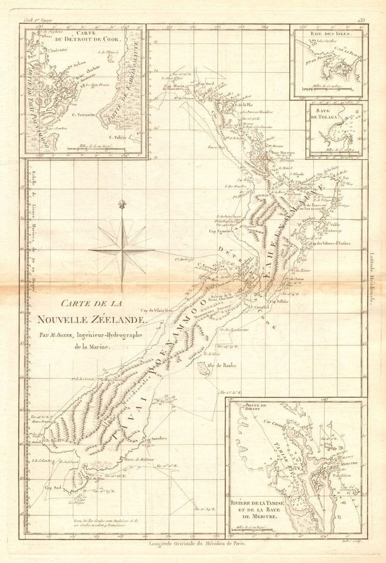 Carte de la Nouvelle Zéelande. New Zealand. Cook Strait. Thames. BONNE 1788 map: Title: Carte de la Nouvelle Zéelande. New Zealand. Cook Strait. Thames. BONNE 1788 map Description: [Cook 3e Voyage] Carte de la Nouvelle Zéelande // Carte du Détroit de Cook // Baye des Isles // B